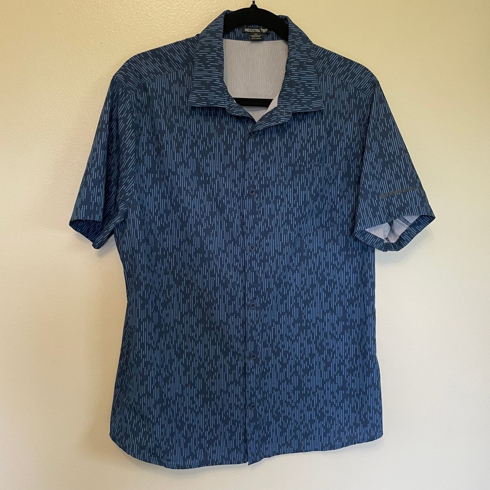 Blue Digital Rain Geometric Dash Print Camp Shirt M Cyberpunk Lite w Zip Pocket!